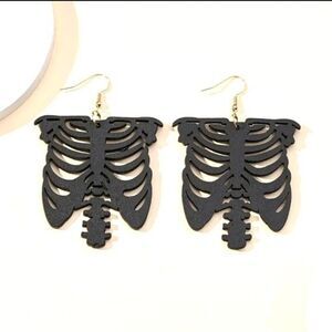 Wood carved black Skeleton ribcage shape earrings